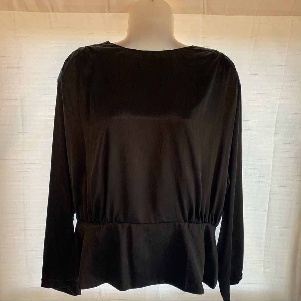 Long Sleeve Black Satin Blouse w/ Peplum Hem Buttons Up The Back Size 12